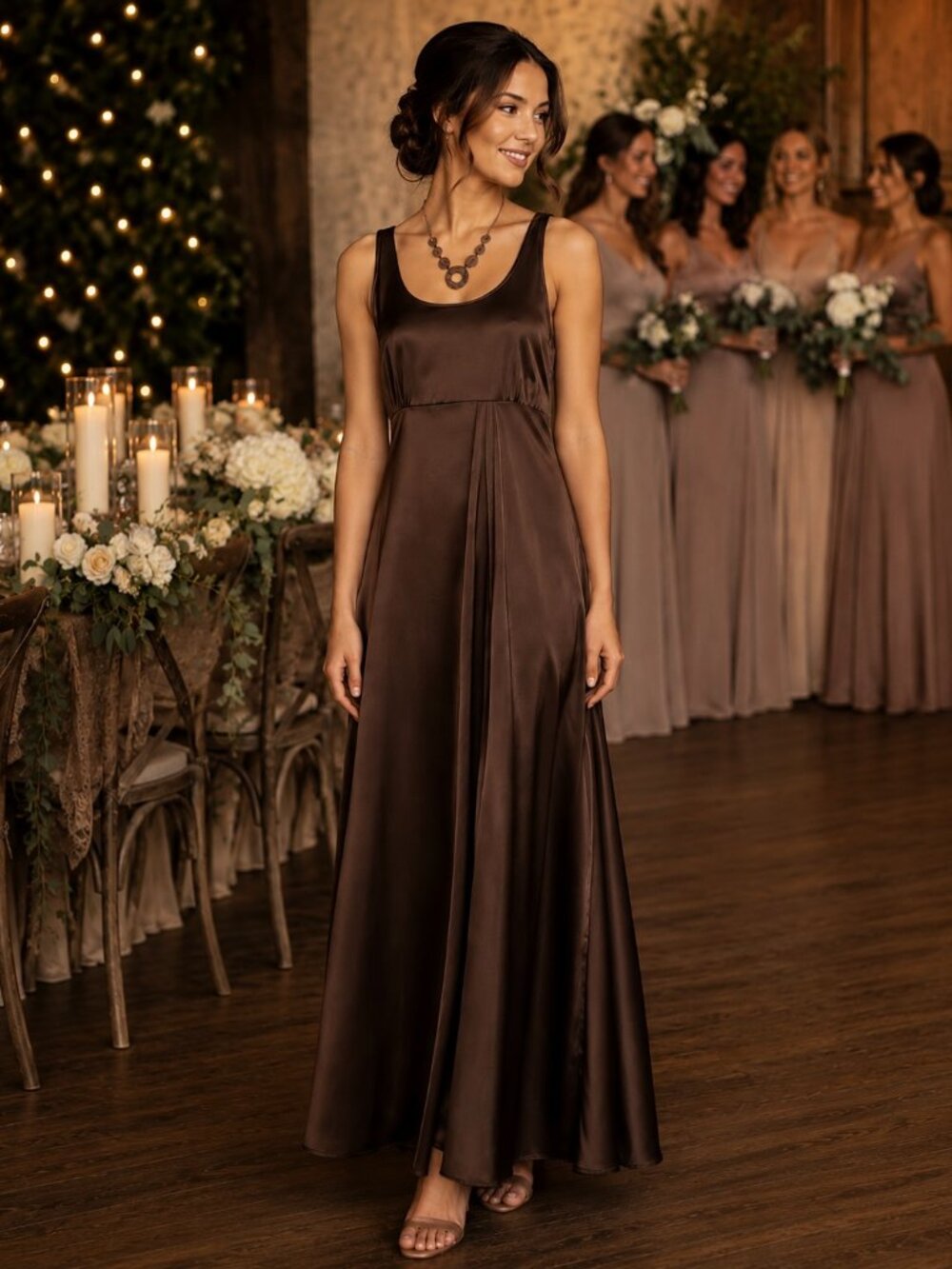 Rachel Zoe Chocolate Brown Satin Maxi Dress Bridesmaid Formal Gown XS